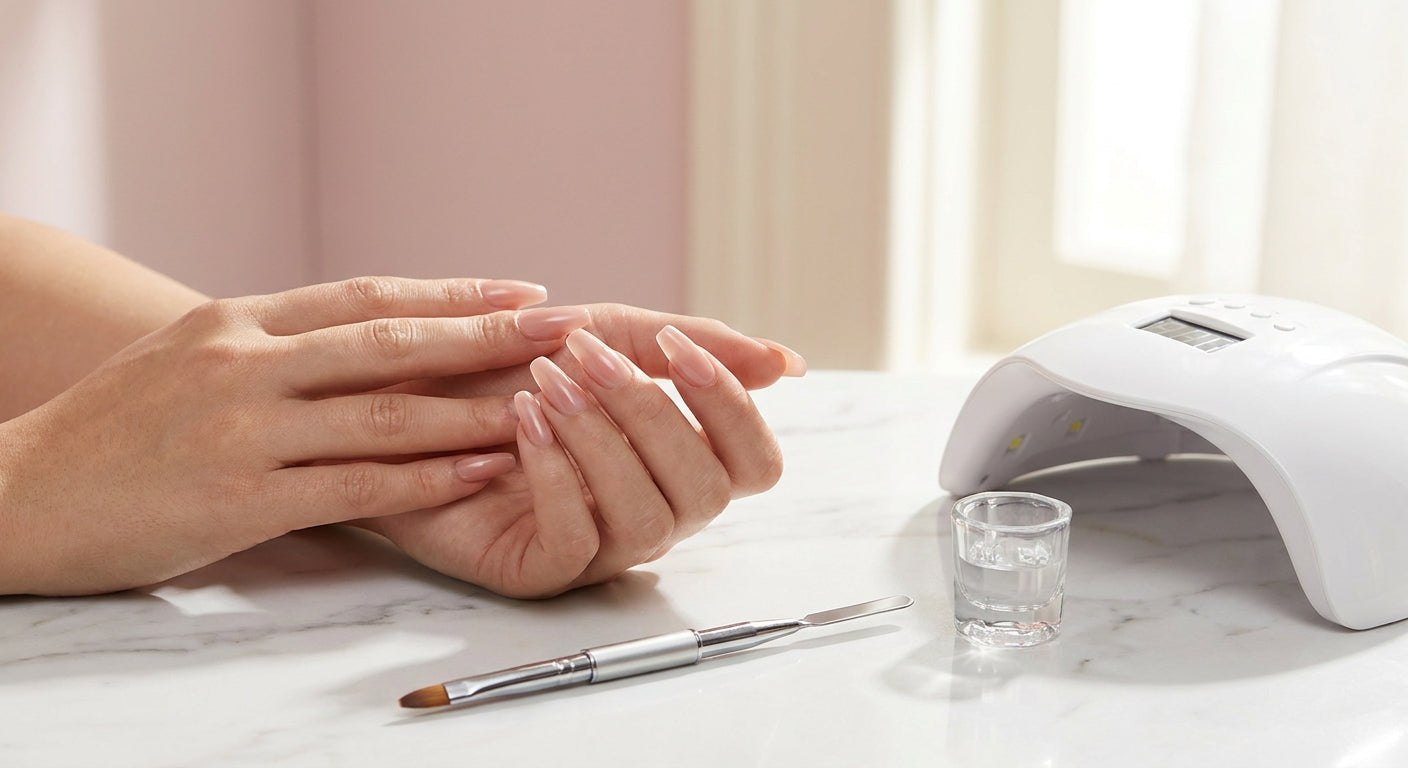 Elegant hands with flawlessly sculpted polygel nails resting beside professional nail tools on a white marble surface.
