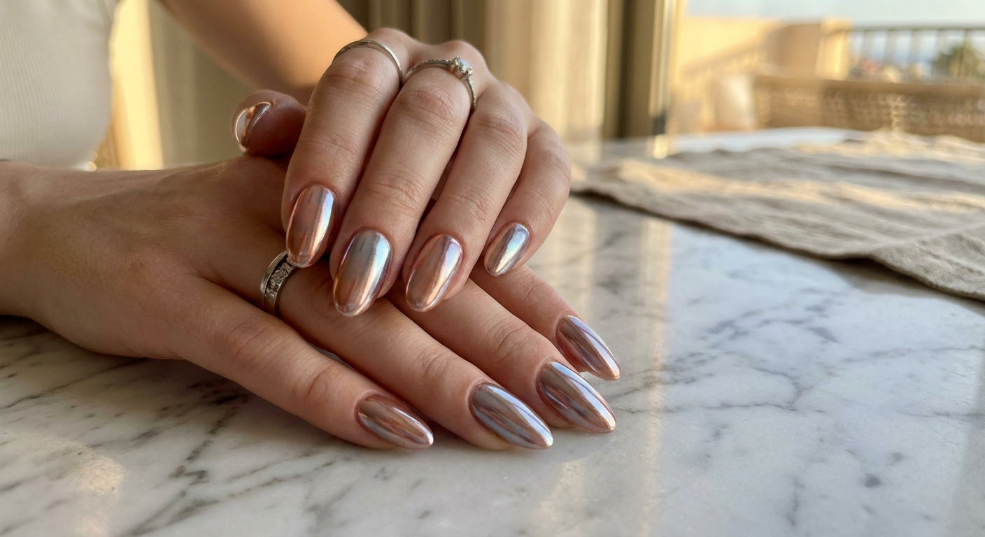 Elegantly manicured hands with flawless chrome metallic nails resting on a marble surface in soft natural light.
