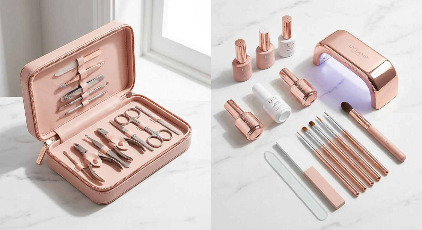A flat lay comparison of a complete manicure kit versus individual nail care products arranged on a white marble surface in soft natural light.