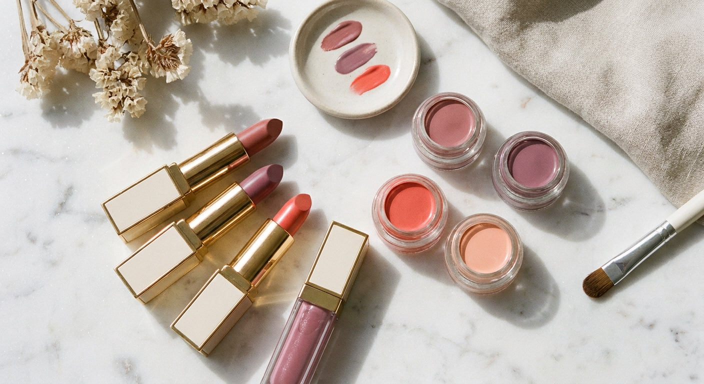 A flat-lay arrangement of matching lip and nail products in coordinated spring shades of rose and coral on a marble surface.