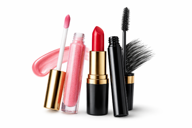 Lip gloss, red lipstick and black mascara on white background – professional makeup collection