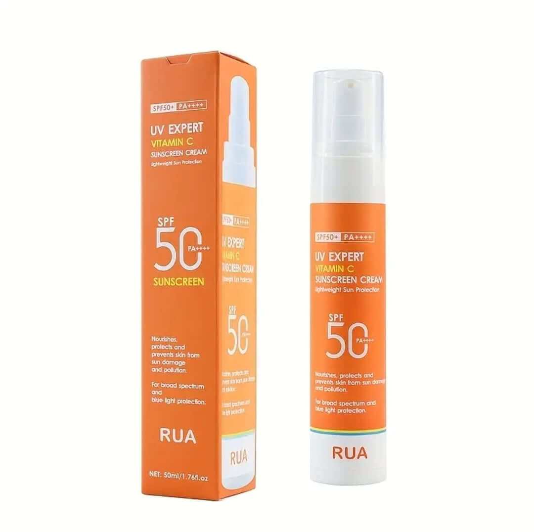 Crema de protecție solară SPF 50+ cu Vitamina C pentru protecție avansată împotriva UVA, UVB și luminii albastre, textură ușoară, absorbție rapidă, potrivită pentru toate tipurile de ten