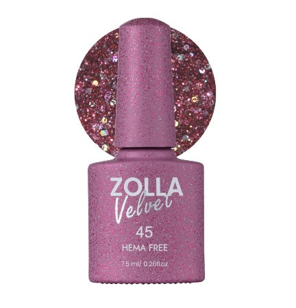 Gel unghii roz glitter Zolla Velvet 45 oja semipermanenta profesionala HEMA Free UV LED 7.5ml