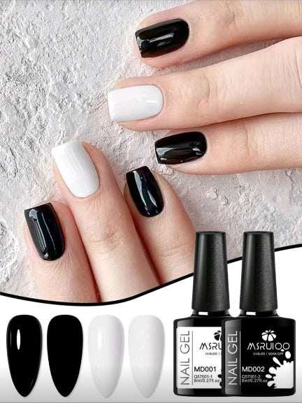 Gel profesional pentru unghii cu ojă semipermanentă alb și negru, finisaj lucios și rezistență îndelungată.