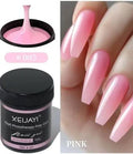 Borcan Poly Gel XEIJAYI 100g nuanța 005 Pink și model de manichiură lungă realizată cu gel roz translucid de tip jeleu.

