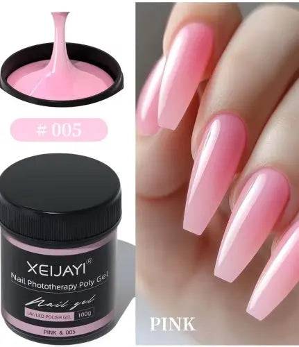 Borcan Poly Gel XEIJAYI 100g nuanța 005 Pink și model de manichiură lungă realizată cu gel roz translucid de tip jeleu.

