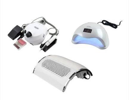 Professional nail gel kit with UV lamp, electric nail drill, and nail dryer for salon-quality manicures