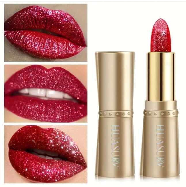 Ruj hidratant roșu cu efect glitter strălucitor și volumizant pentru buze catifelate și luminoase
