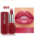 Ruj Sun Sugar KISS nuanța 04 magenta zmeură strălucitor cu sclipici pe buze

