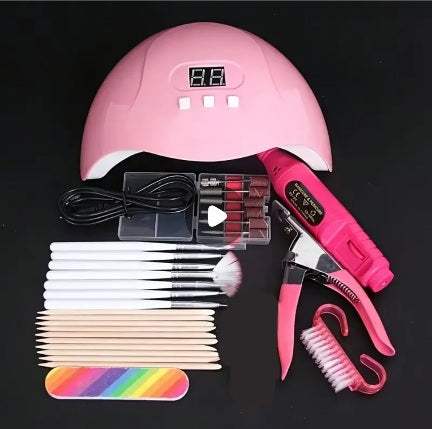 Set instrumente profesionale pentru unghii cu lampă LED roz, freză electrică, clești și perii