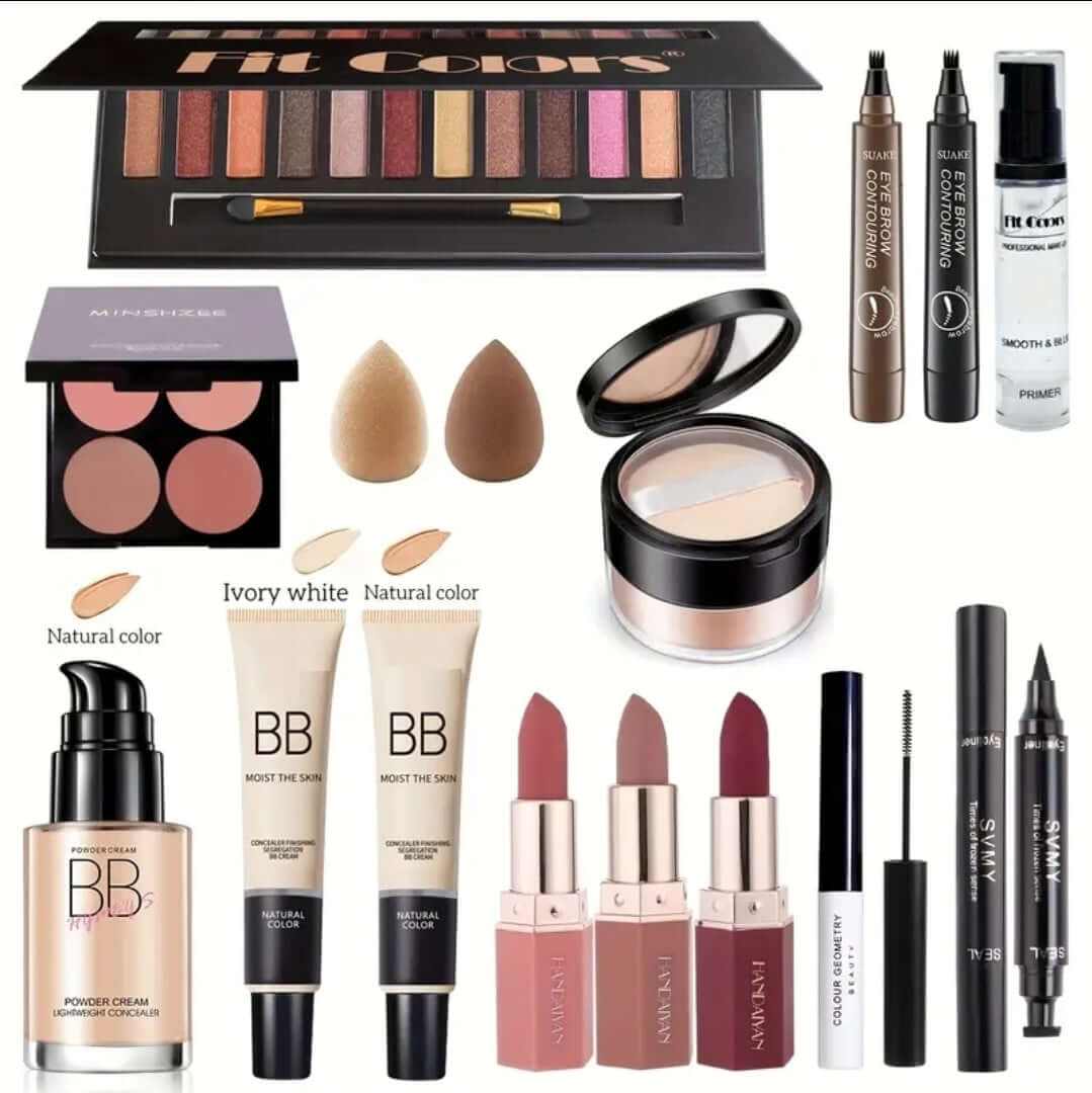Set profesional pentru machiaj complet multifuncțional cu produse esențiale pentru față, ochi și buze, ideal pentru începători și makeup artiști.