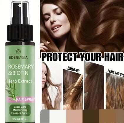 Spray pentru stimularea creșterii firului de păr cu biotină, rozmarin, mentă și ulei de arbore de ceai.