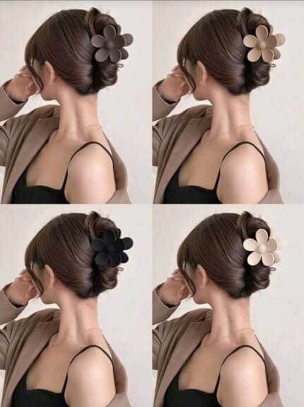 Set 4 agrafe de păr cu flori mari margarete în negru, alb, maro și kaki, 7 cm, accesorii elegante și versatile pentru păr