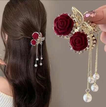 Clema eleganta pentru par cu trandafir rosu si pietre stralucitoare