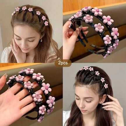 Set 2 bentițe rose elegante pentru fete cu flori pentru uz zilnic