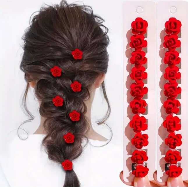 Set de 10 agrafe de păr cu flori roșii elegante, perfecte pentru coafuri zilnice și ieșiri trendy.