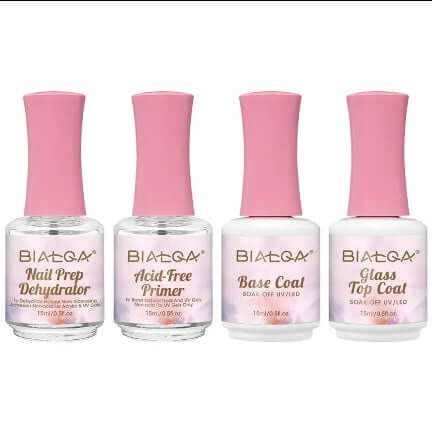 Nail prep kit with acid-free primer, base coat, and top coat in 15ml bottles for gel nails
