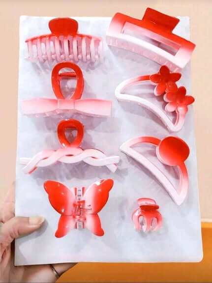 Set de 8 agrafe elegante pentru păr cu flori, fluturi și forme geometrice în nuanțe de roșu