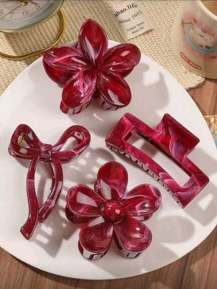 Set 4 agrafe de păr elegante cu flori și fundă marmură vișinie pentru prindere fermă și stil boem